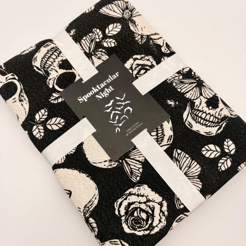 Mireille Designs Spooktacular Night Skull Butterfly Round Tablecloth 68in Black
